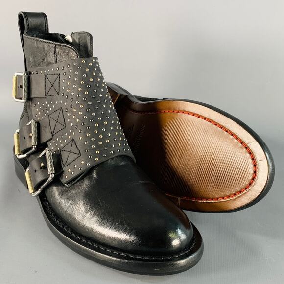 ZADIG & VOLTAIRE 8 Laureen Flap Black Studded Leather Belted Side Zipper Boots - Picture 5 of 10